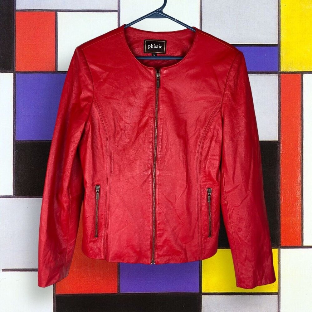 PHISTIC Lamb Leather Crop Jacket Blazer Blood Red Women's Size M (S?) ~ EUC